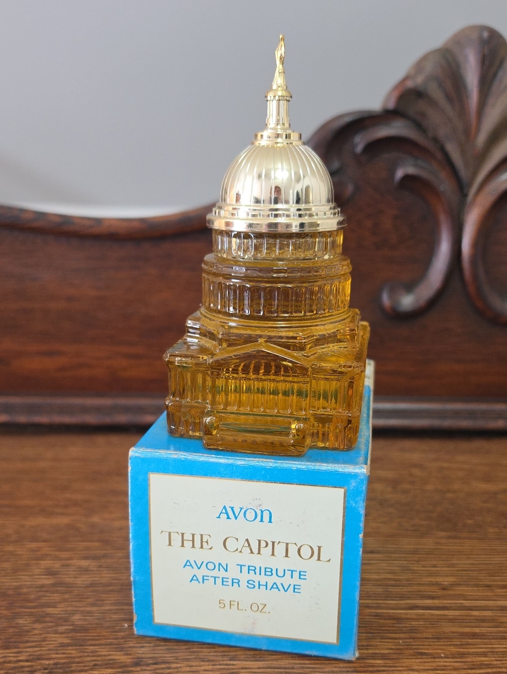 Avon Amber Glass Capitol Bottle with Gold Tone Dome